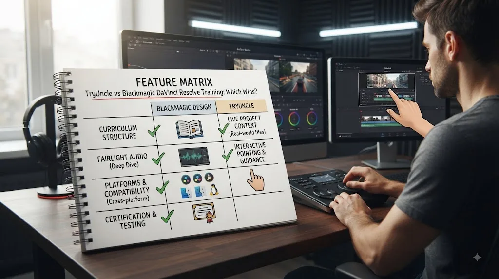 Illustration of a feature comparison matrix for TryUncle and Blackmagic DaVinci Resolve training