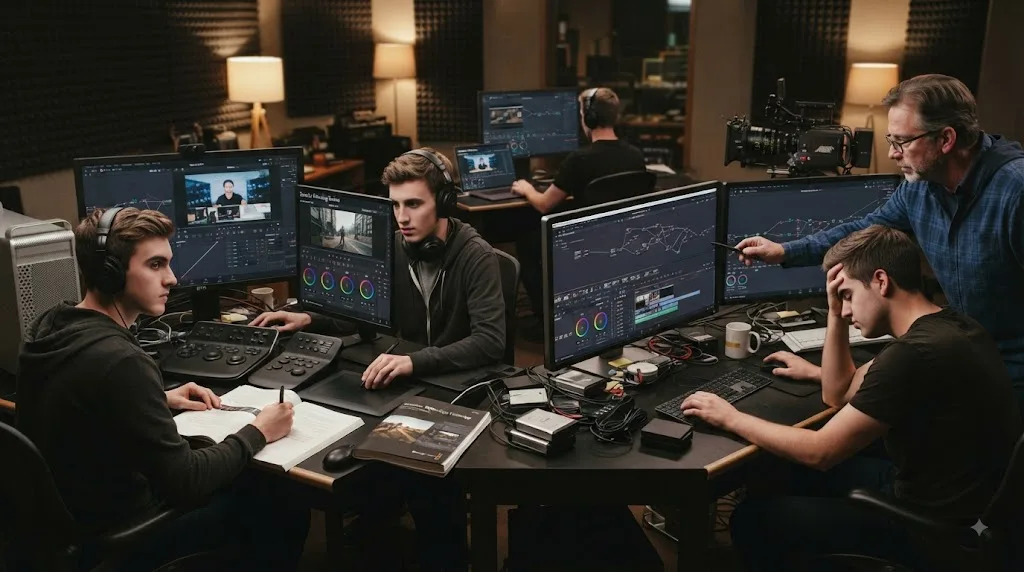 Illustration of a DaVinci Resolve learning loop combining instruction with independent practice