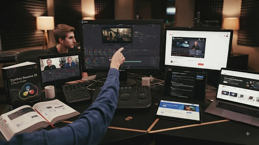 Illustration of the main ways people learn DaVinci Resolve in 2026