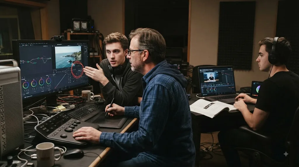 Illustration of Uncle pointing at a DaVinci Resolve control while an editor works