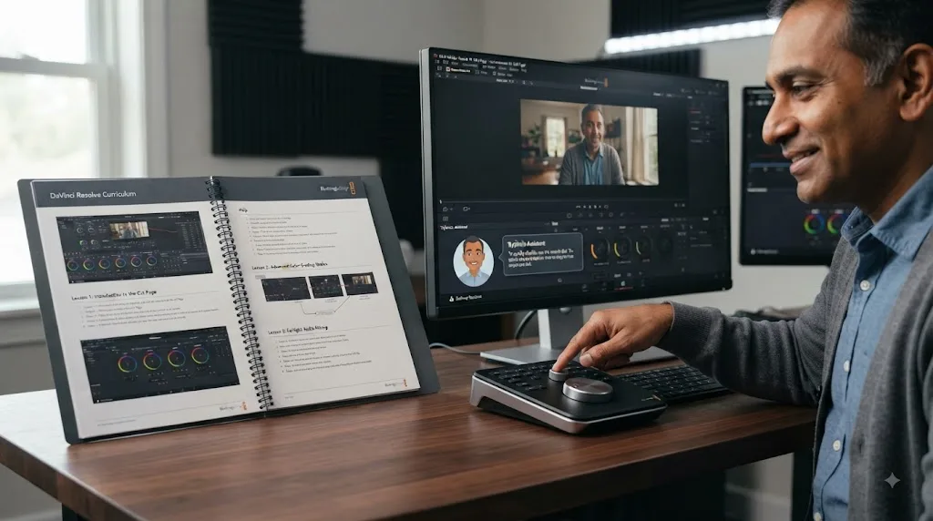 Illustration of Blackmagic DaVinci Resolve training beside the TryUncle on-screen assistant