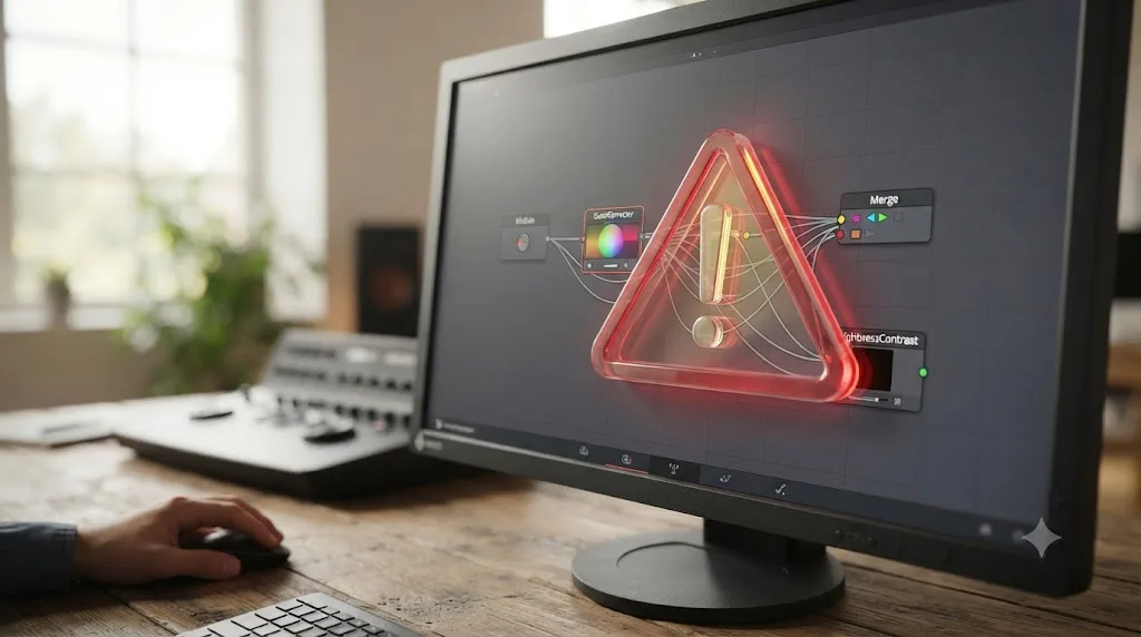 Illustration of a warning symbol over a Fusion node graph representing an incorrect AI suggestion