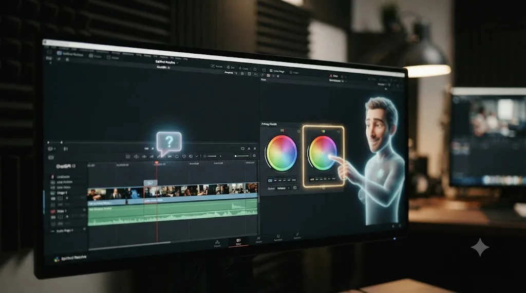 Illustration of a DaVinci Resolve timeline with a chat bubble icon on one side and an assistant pointing at a control on the other