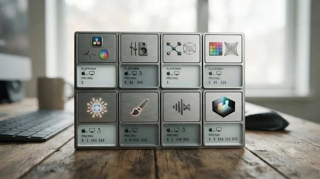 Illustration of a comparison grid of eight AI tool icons with platform and pricing details beneath each