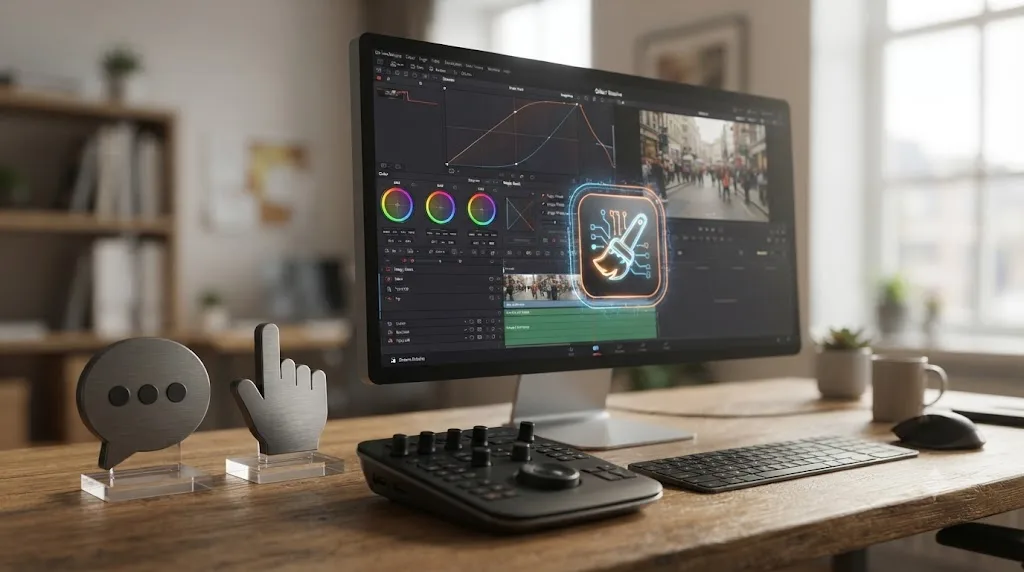 Illustration of a DaVinci Resolve interface with an automatic masking icon separate from a chat bubble icon and a pointing hand icon