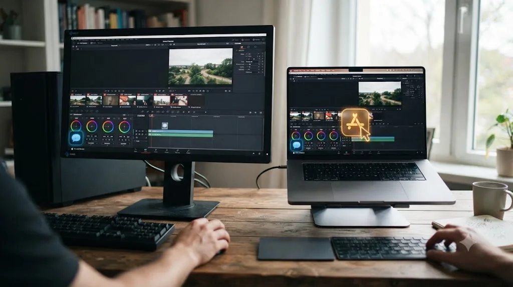Illustration of a Windows PC and a MacBook both running DaVinci Resolve, with an assistant overlay icon active only on the Mac