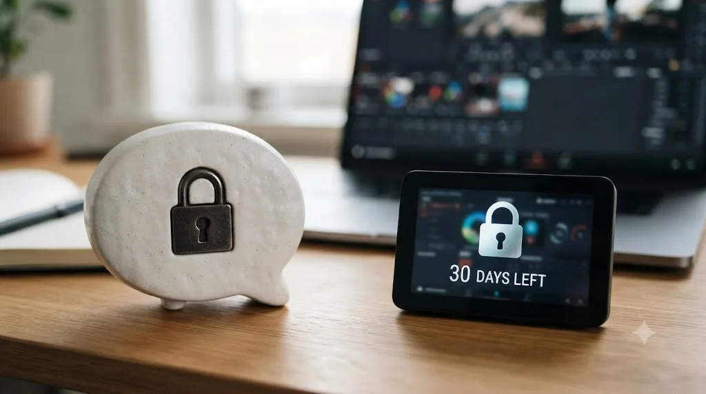 Illustration of a lock icon over a chat bubble next to a lock icon over a screen icon with a countdown, representing two data handling approaches