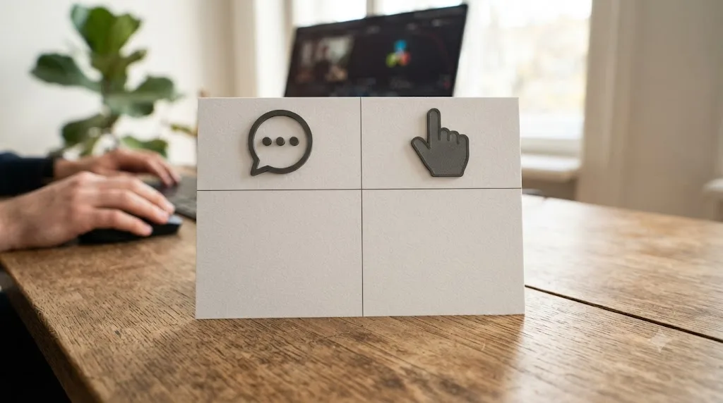Illustration of a two-column comparison card contrasting a chat bubble icon with a pointing hand icon