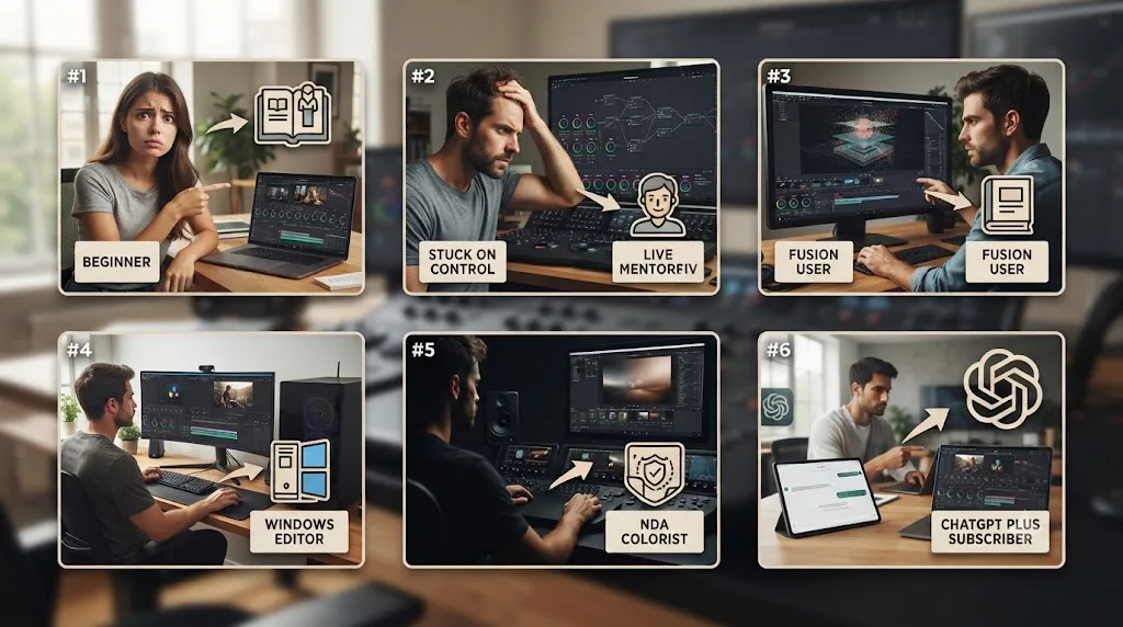 Illustration of six numbered vignettes showing different DaVinci Resolve editor situations pointing toward different recommendations