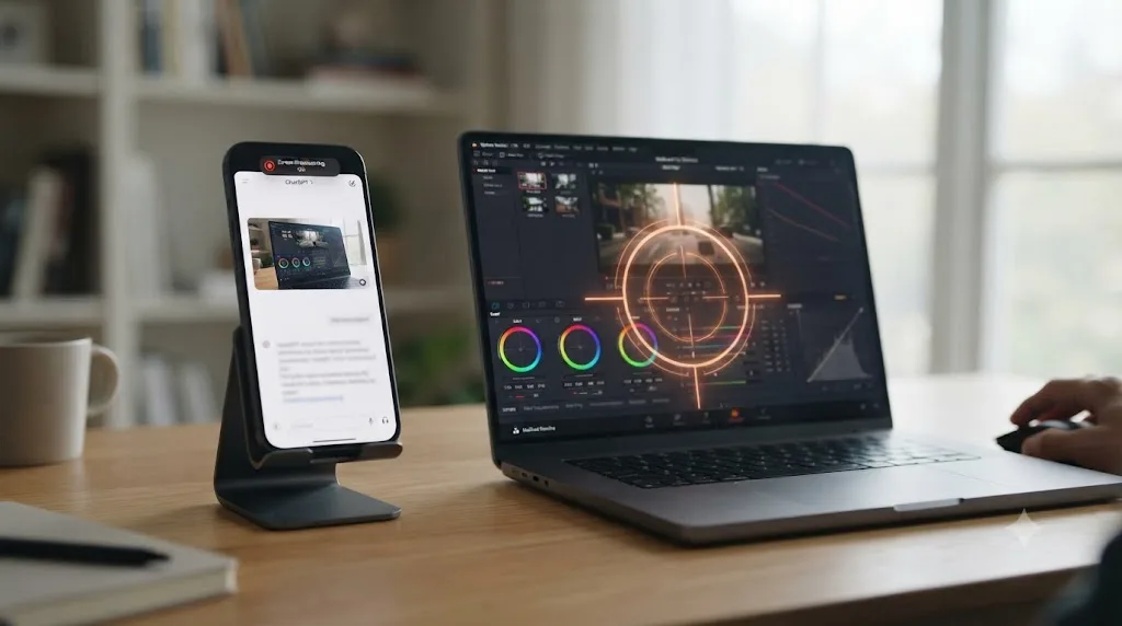 Illustration of a smartphone showing an active screen share feature separate from a MacBook running DaVinci Resolve with an assistant overlay