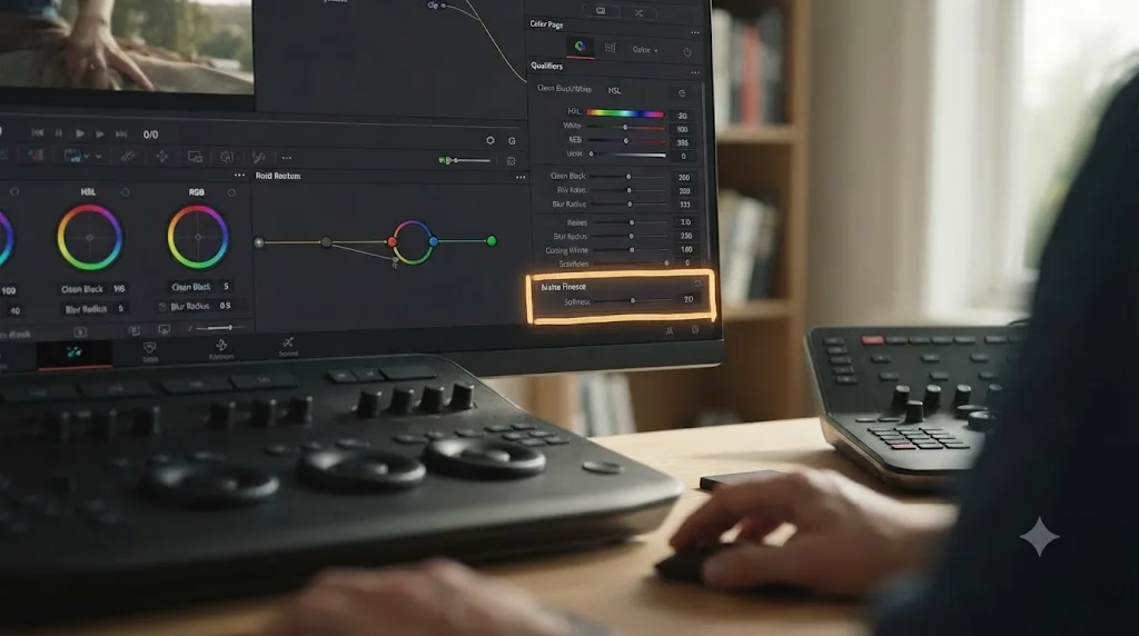 Illustration of a hand-drawn glowing box appearing around an edge-softening control inside a DaVinci Resolve Color page