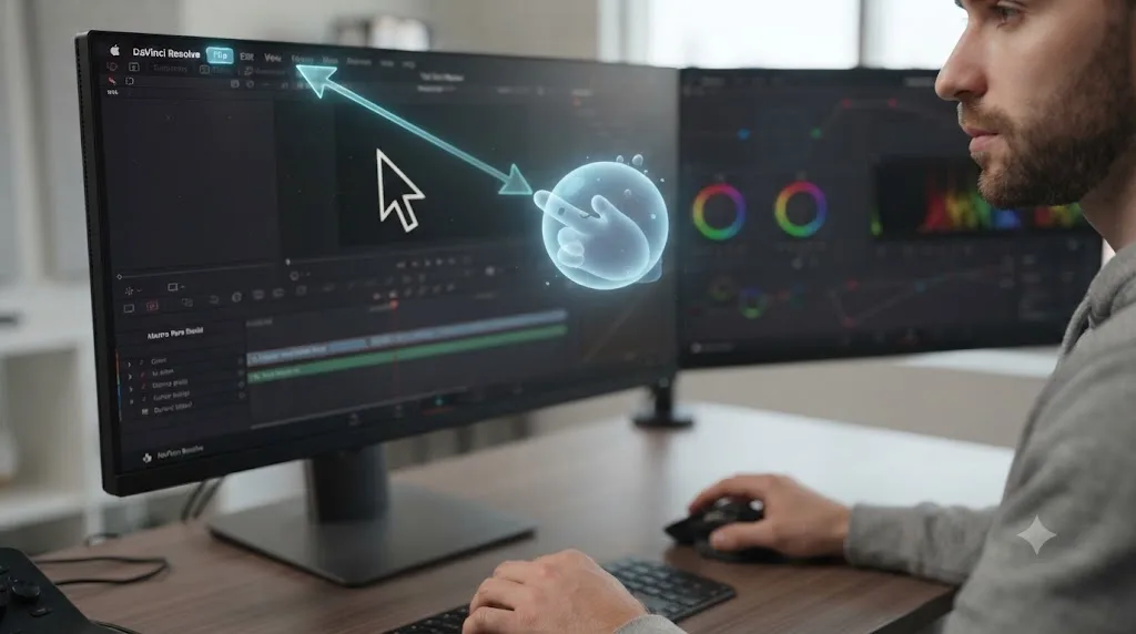 Illustration of a translucent cursor buddy hovering beside a mouse pointer and drawing a glowing arrow toward a menu item