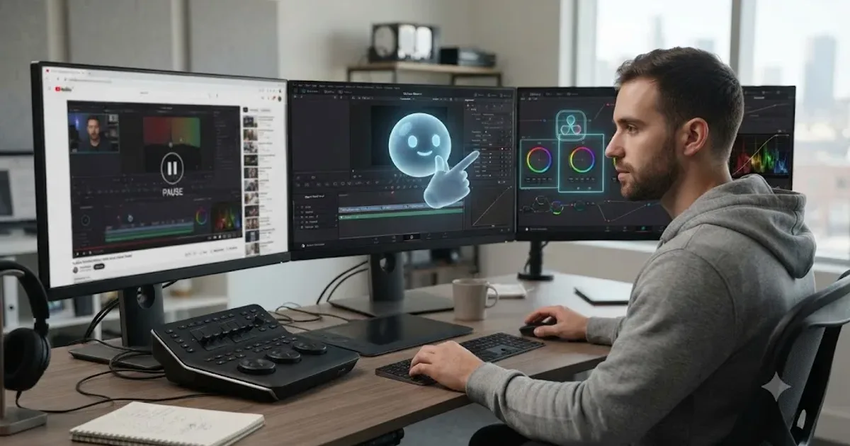 Illustration of three learning paths for DaVinci Resolve: a paid on-screen assistant, a free open source AI buddy, and a stack of YouTube tutorials