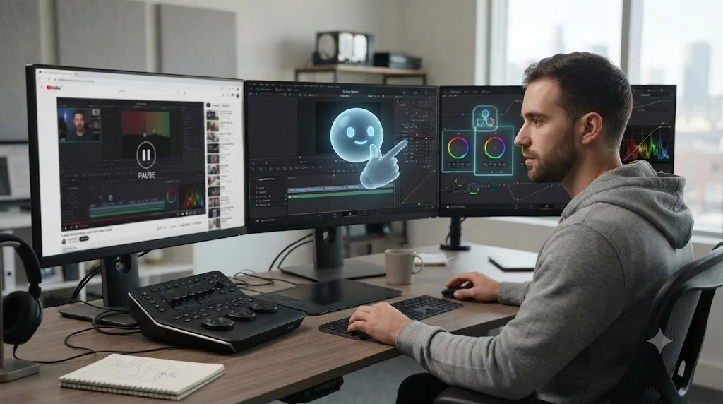 Illustration of three learning paths for DaVinci Resolve: a paused tutorial, a free AI cursor buddy, and a dedicated on-screen assistant