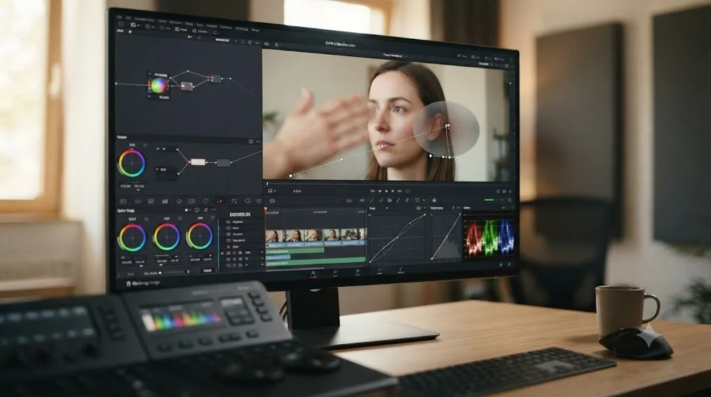 Illustration of a Power Window drifting off a tracked subject's face on a DaVinci Resolve color page timeline