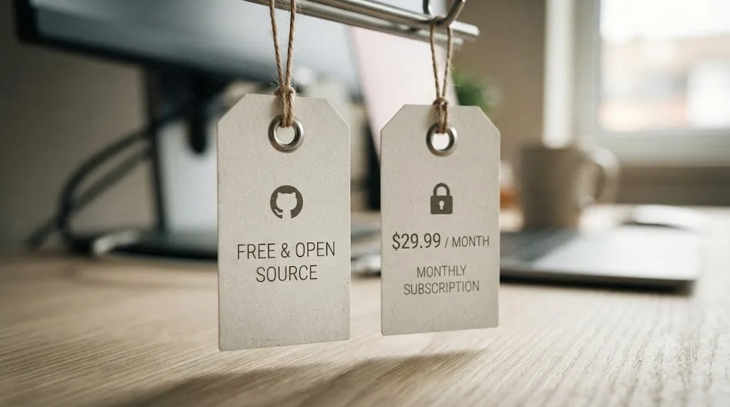 Illustration of two price tags, one free and open source with a small code icon, the other a monthly subscription price with a lock icon