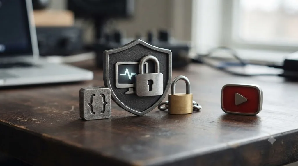 Illustration of a lock icon overlaid on a small screen icon, an open source code symbol beside a closed padlock, and a separate YouTube play icon with no data connection shown