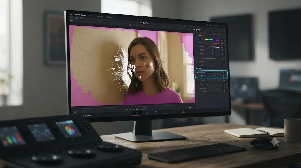 Illustration of a color qualifier tool isolating a messy, imperfect selection on real footage with a nearly matching wall and skin tone