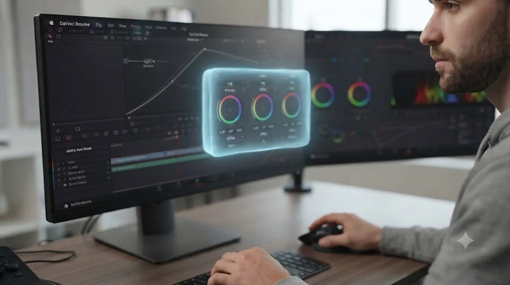 Illustration of an assistant overlay drawing a glowing box around a specific control inside a DaVinci Resolve interface