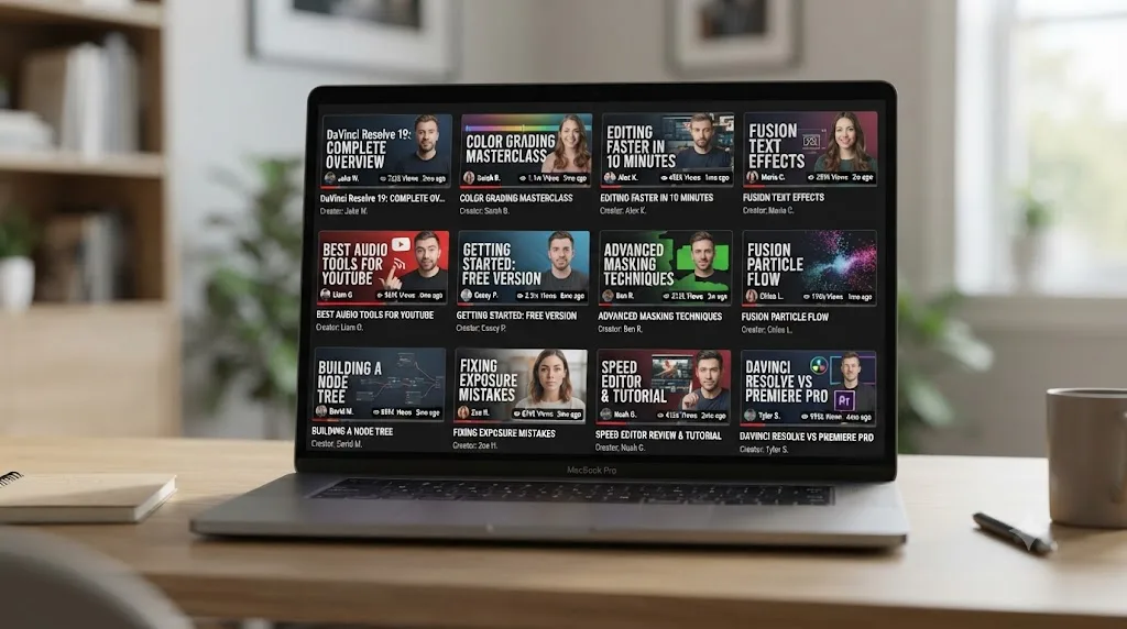Illustration of a grid of DaVinci Resolve YouTube tutorial thumbnails with creator faces, view counts, and upload dates