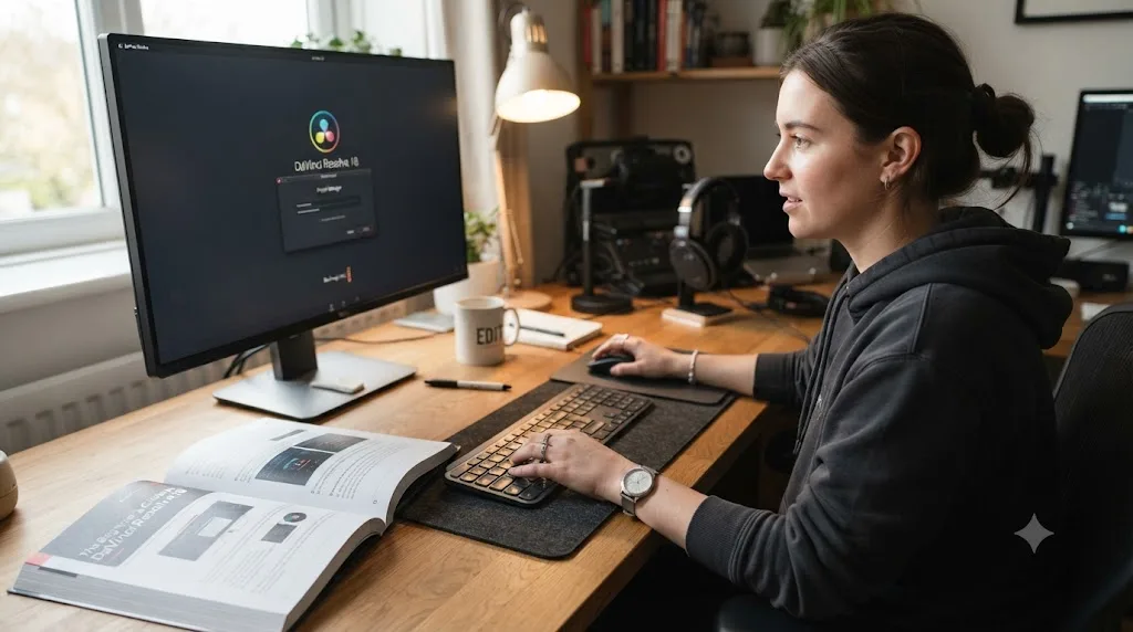 Illustration of a beginner opening DaVinci Resolve for the first time with a free training guide open beside the keyboard