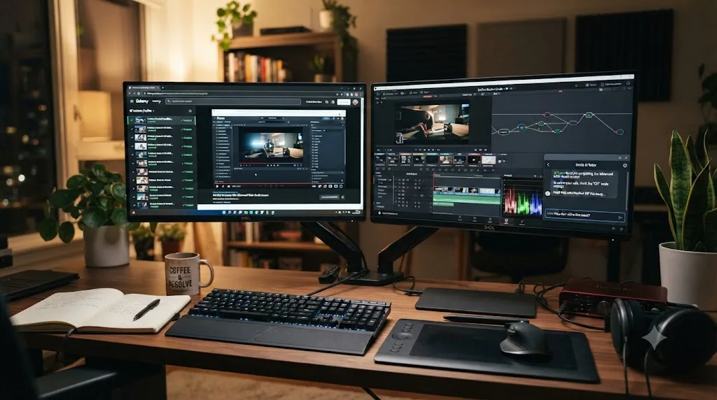 Illustration of a desk setup with a finished course playlist on one monitor and an active DaVinci Resolve project with an assistant overlay on another monitor