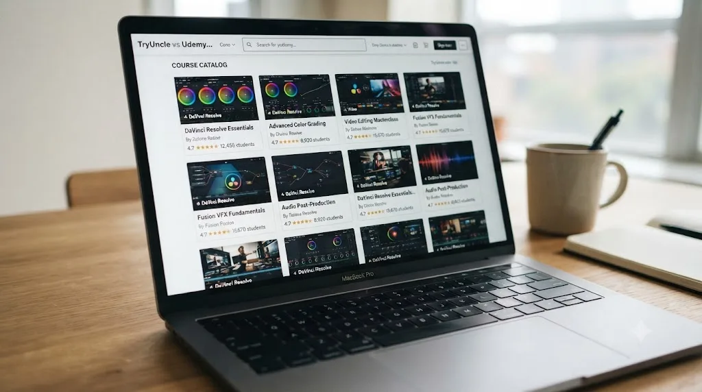 Illustration of a grid of DaVinci Resolve course thumbnails on a laptop screen, each with a star rating and student count badge