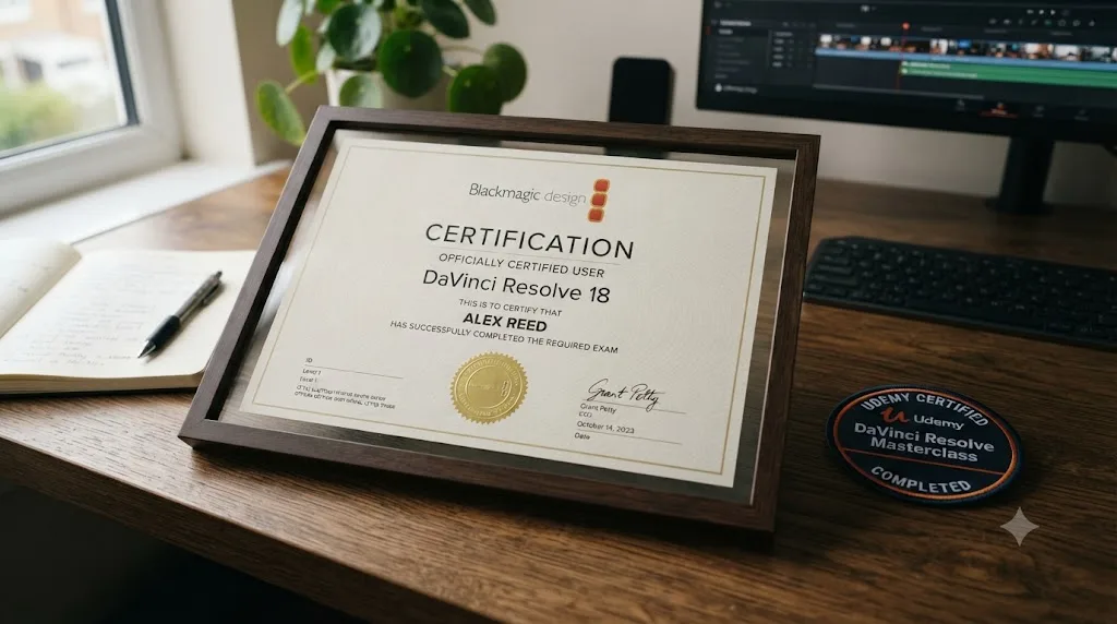 Illustration of an official certification document set apart from a generic course completion badge