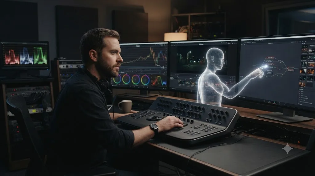 Illustration of a professional colorist working at a grading panel with reference scopes visible, while an assistant points at a specific node