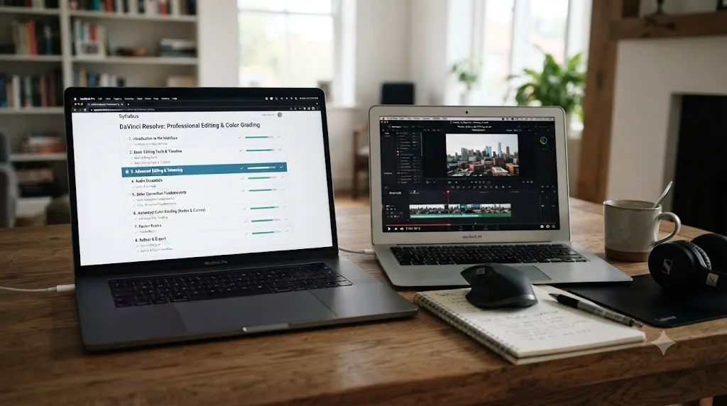Illustration of a structured course syllabus with numbered modules on a laptop, next to a downloaded video file playing offline