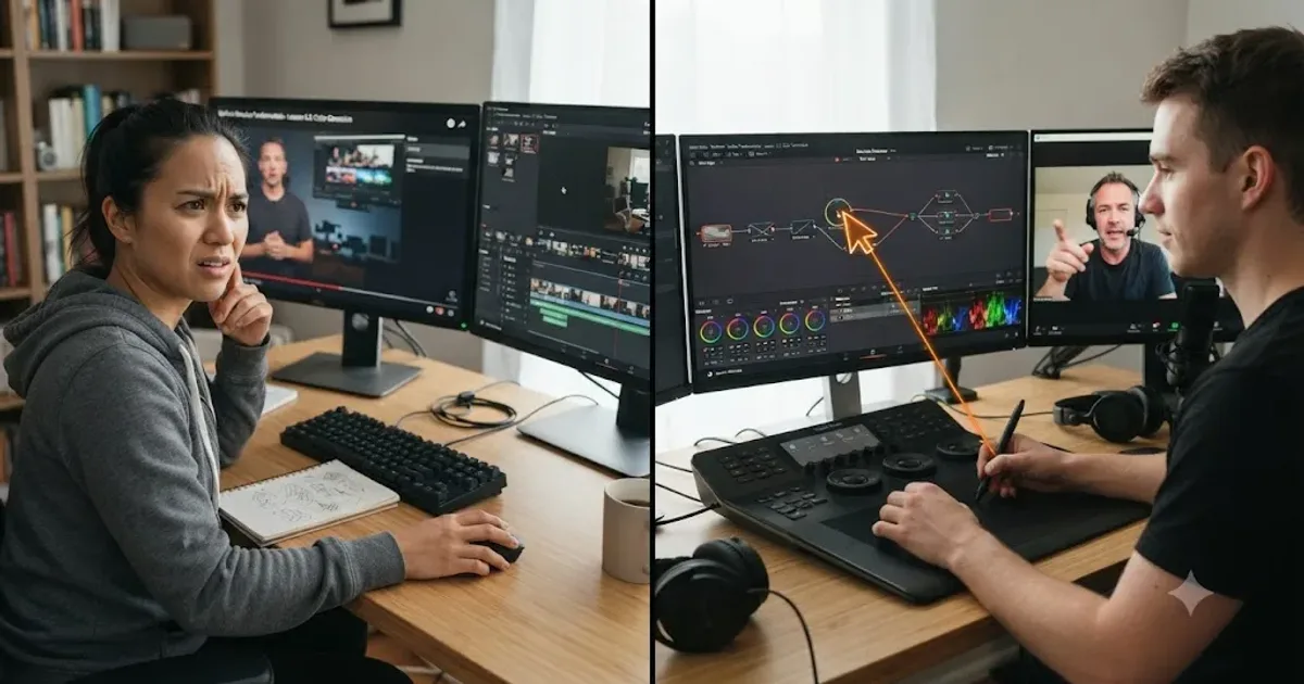 Illustration of a split scene showing a person watching a paused video course on one screen and an AI tutor pointing at a live DaVinci Resolve project on another