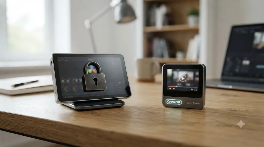 Illustration of a lock icon overlaid on a small screen icon, next to a separate video course icon with no data connection shown