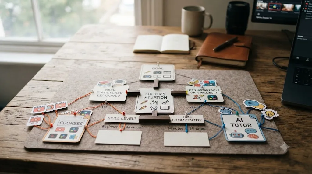 Illustration of a branching decision tree diagram leading toward either a course icon or an assistant icon