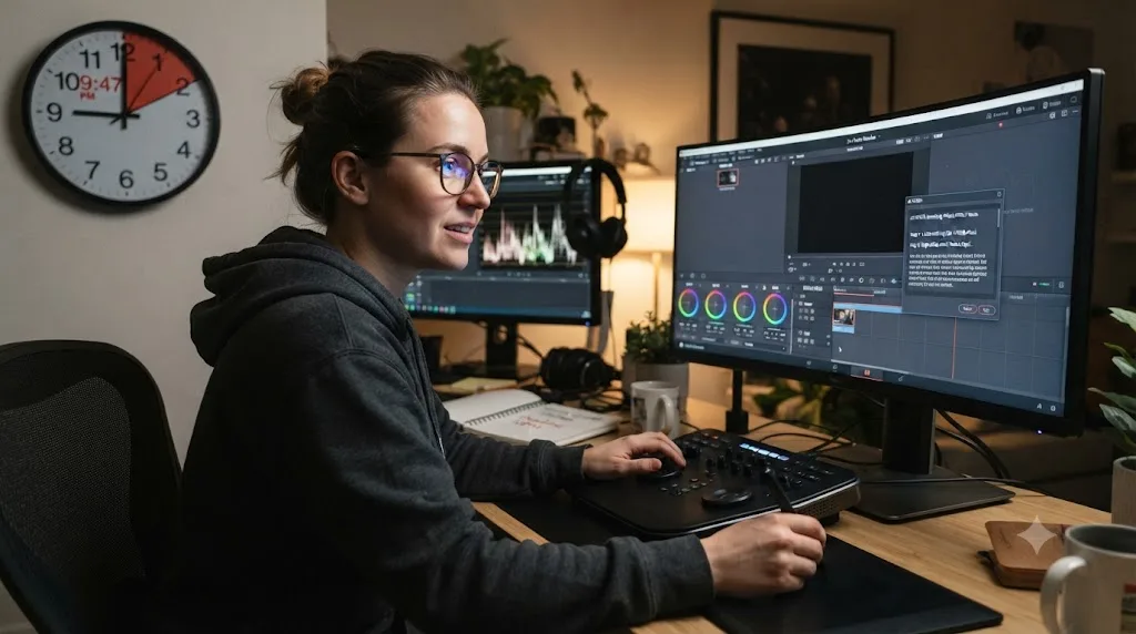 Illustration of a freelance editor working against a deadline clock while receiving an instant answer from an assistant overlay