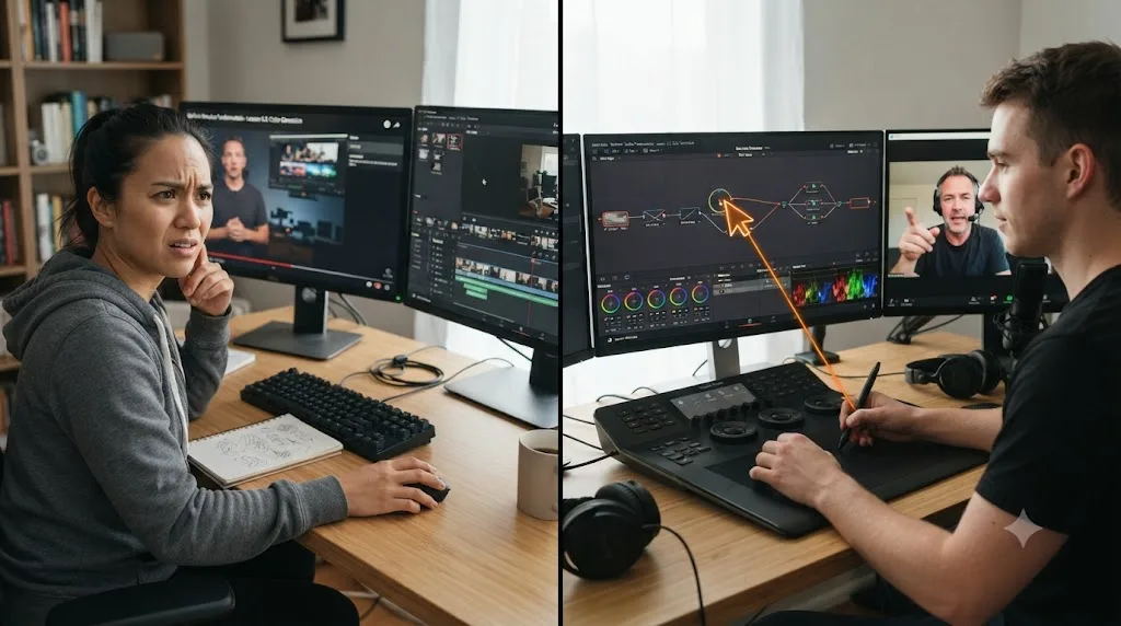 Illustration of a split scene showing a person pausing a paused video course next to a person receiving live guidance on their own DaVinci Resolve project