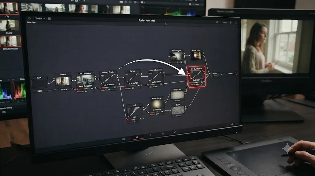 Illustration of a DaVinci Resolve node tree with one node highlighted as being out of the correct order
