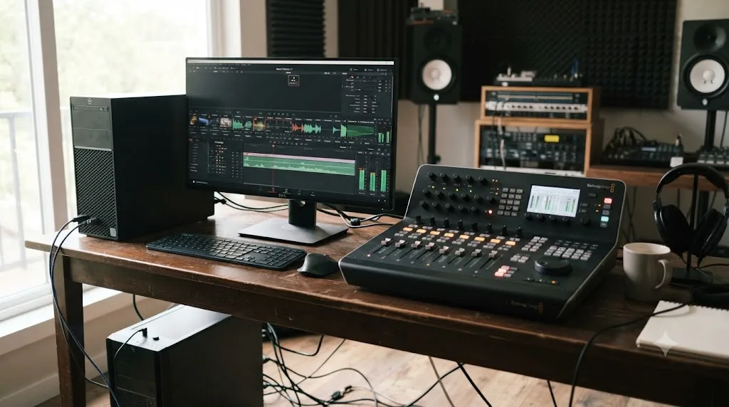 Illustration of a Windows PC and a Fairlight audio mixing panel shown side by side, both outside an assistant's stated coverage area