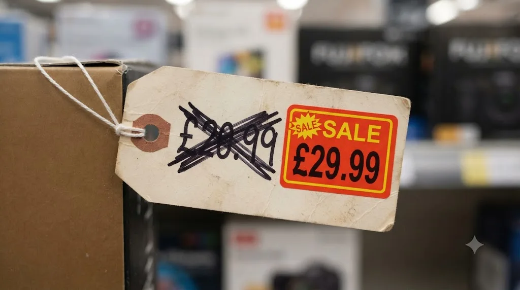 Illustration of a price tag showing a crossed-out inflated original price next to a permanent discount sticker