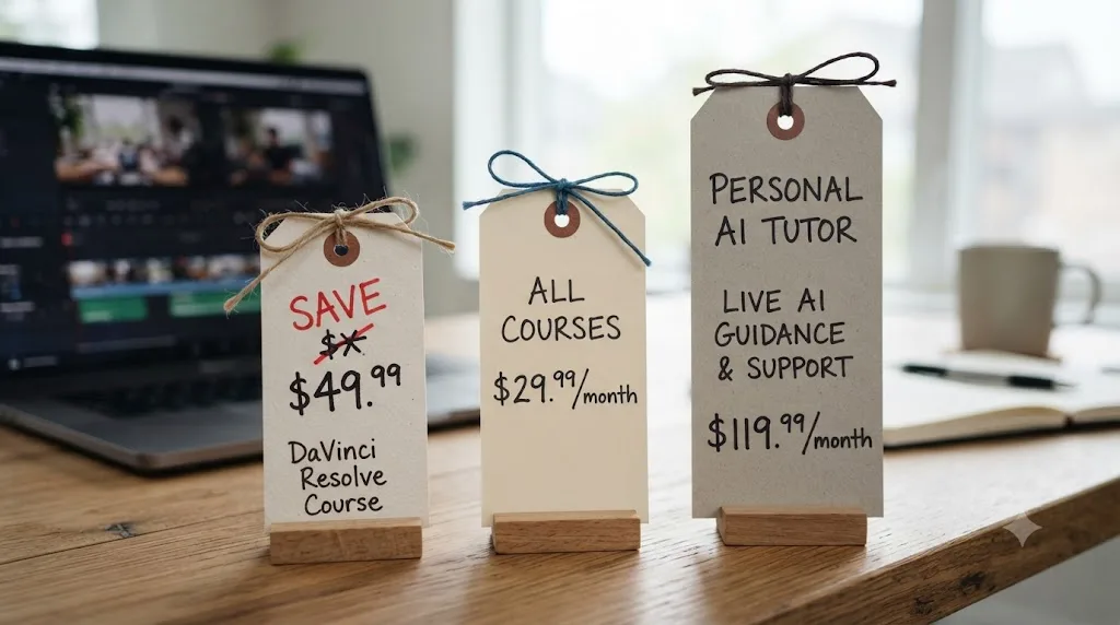 Illustration of several price tags of different heights representing a discounted course, a subscription library, and a monthly assistant
