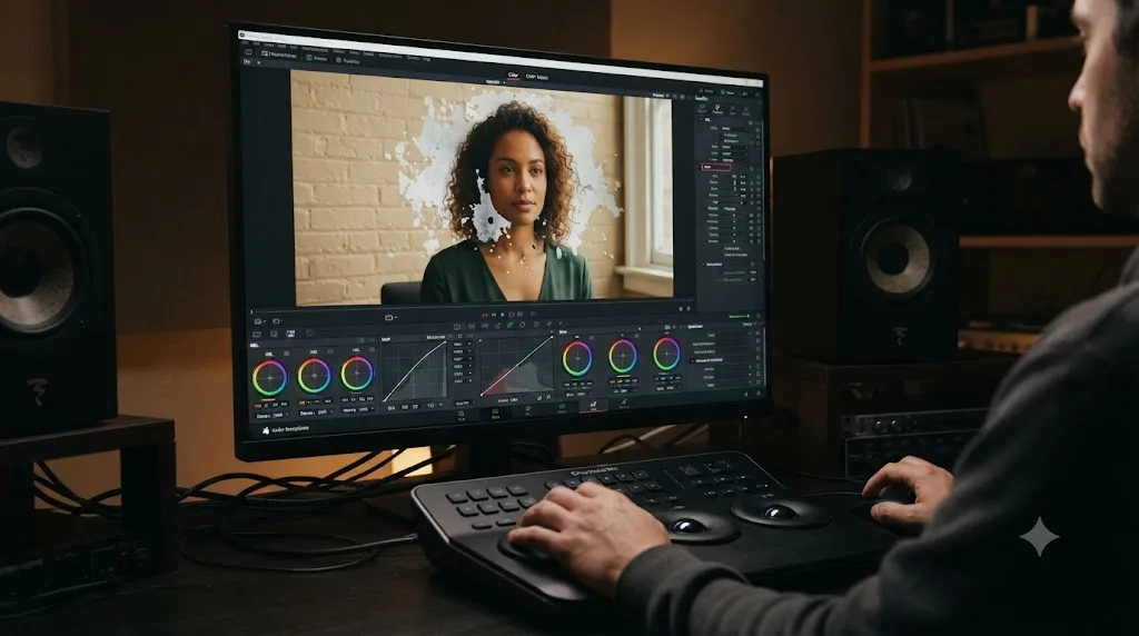 Illustration of a color qualifier tool isolating a messy, imperfect selection on real footage with mismatched skin tone and background color