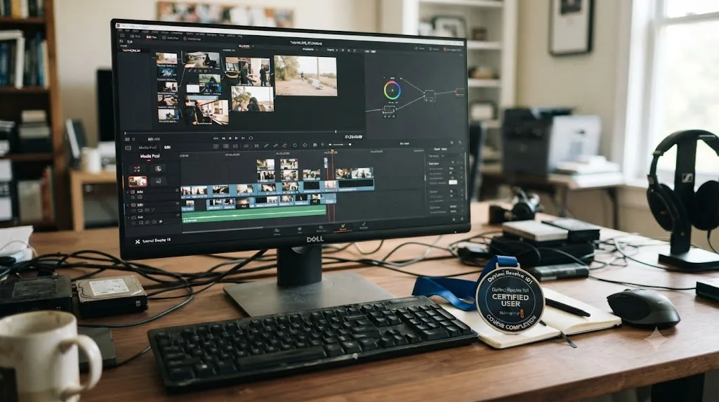 Illustration of a stalled, half-finished DaVinci Resolve project with an unused course completion badge sitting nearby