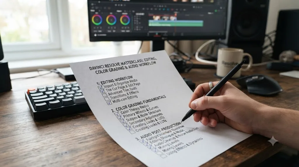 Illustration of a course syllabus breakdown showing chapter titles for editing, color grading, and audio arranged as a checklist
