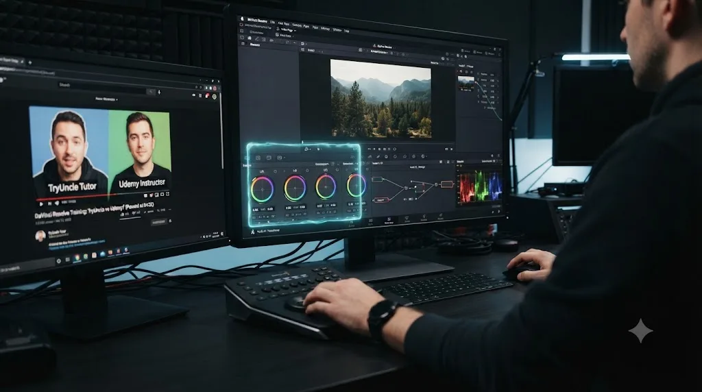Illustration of an assistant overlay drawing a glowing box around a control inside a DaVinci Resolve interface, next to a static paused video thumbnail