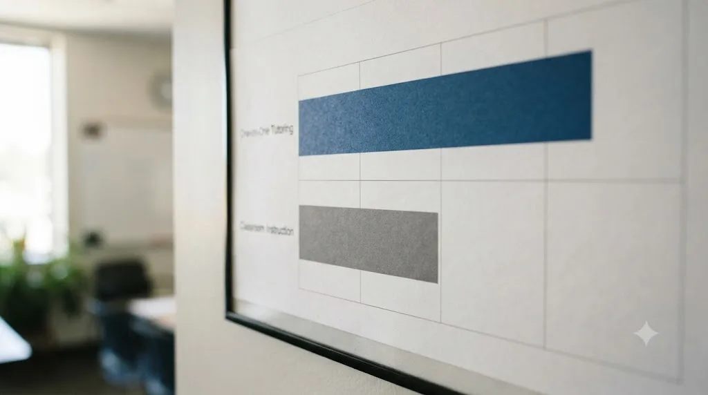 Illustration of a bar chart comparing average achievement scores between classroom instruction and one-on-one tutoring