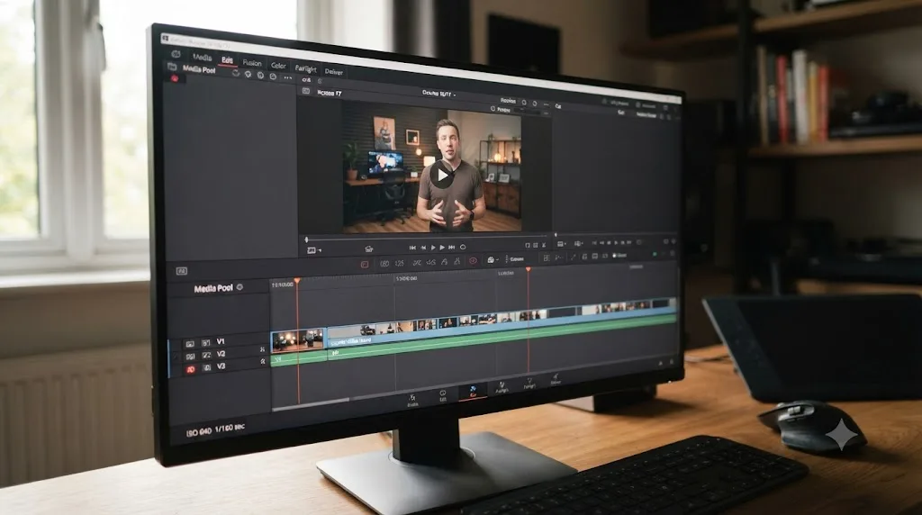 Illustration of a DaVinci Resolve interface transitioning from an older layout to a newer one, with a course video frozen on the outdated screen