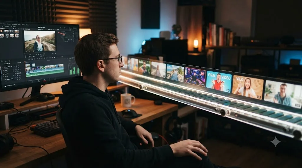Illustration of a YouTube recommendation feed as a conveyor belt pulling attention away from an unfinished DaVinci Resolve project