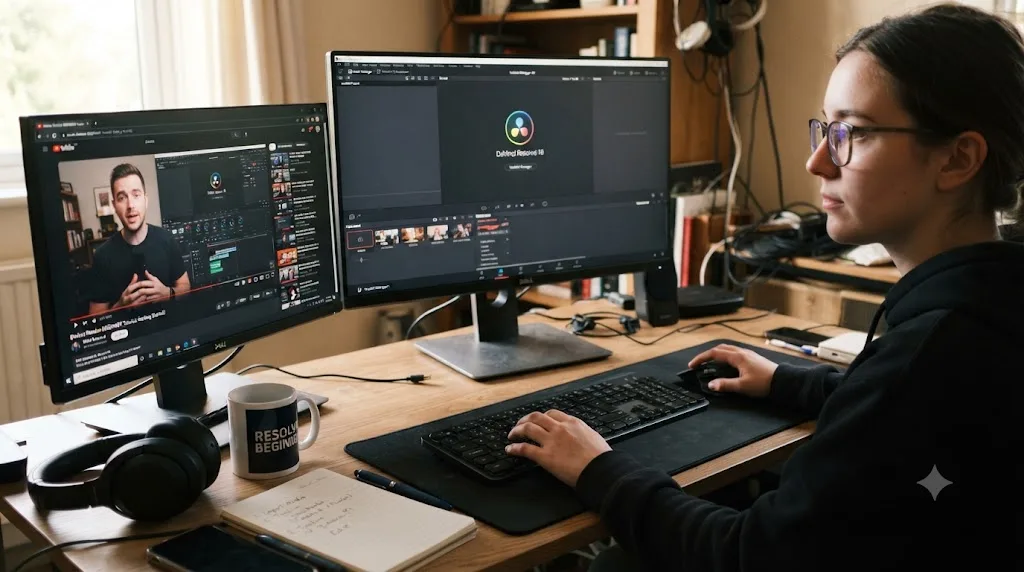 Illustration of a beginner opening DaVinci Resolve for the first time with a free tutorial video playing beside the keyboard