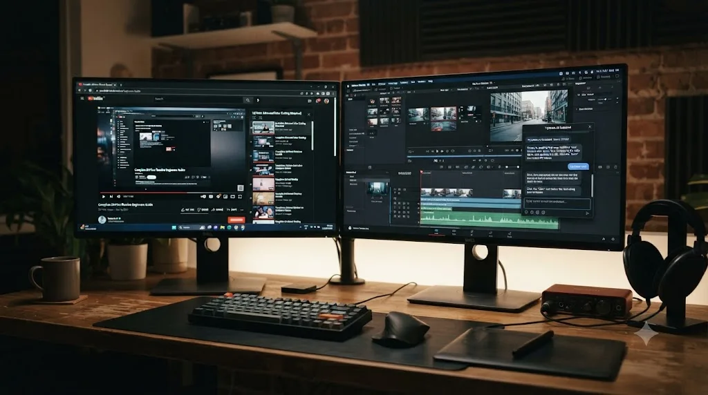 Illustration of a desk setup with a finished tutorial playlist on one monitor and an active DaVinci Resolve project with an assistant overlay on another monitor