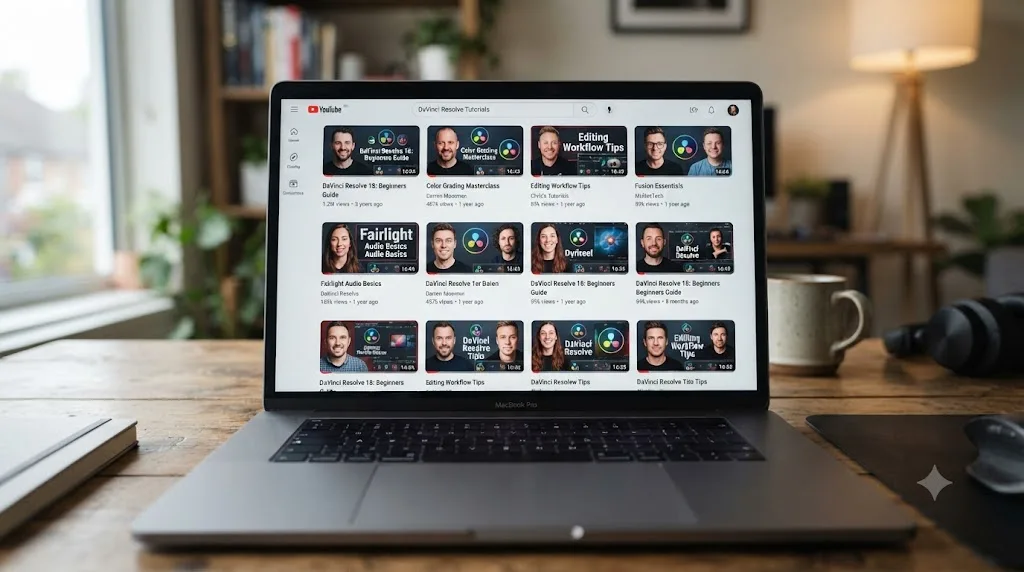 Illustration of a grid of DaVinci Resolve YouTube tutorial thumbnails with creator faces, view counts, and upload dates