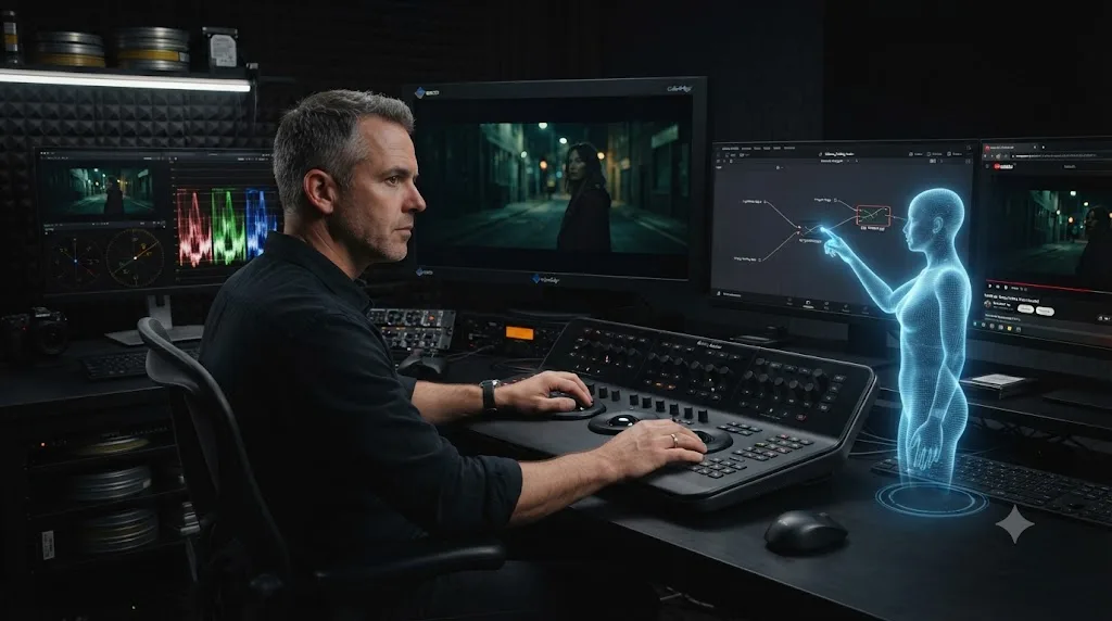 Illustration of a professional colorist working at a grading panel with reference scopes visible, an assistant pointing at a specific node beside a paused tutorial video